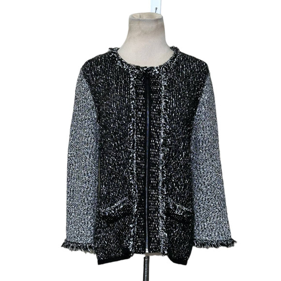 Karl Lagerfeld Two Tone Full Zip Fringe Detail Knit Jacket size Small - Picture 14 of 14
